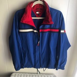 Tommy Hilfiger Jacket vintage 90s Coat windbreaker Sz L hidden pocket & hood!